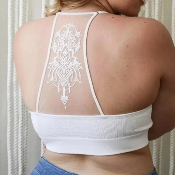 - Boho Chic Tattoo Illusion Ribbed Deep V Bralette Bra Crop Yoga Bitch NWT - Picture 12 of 14